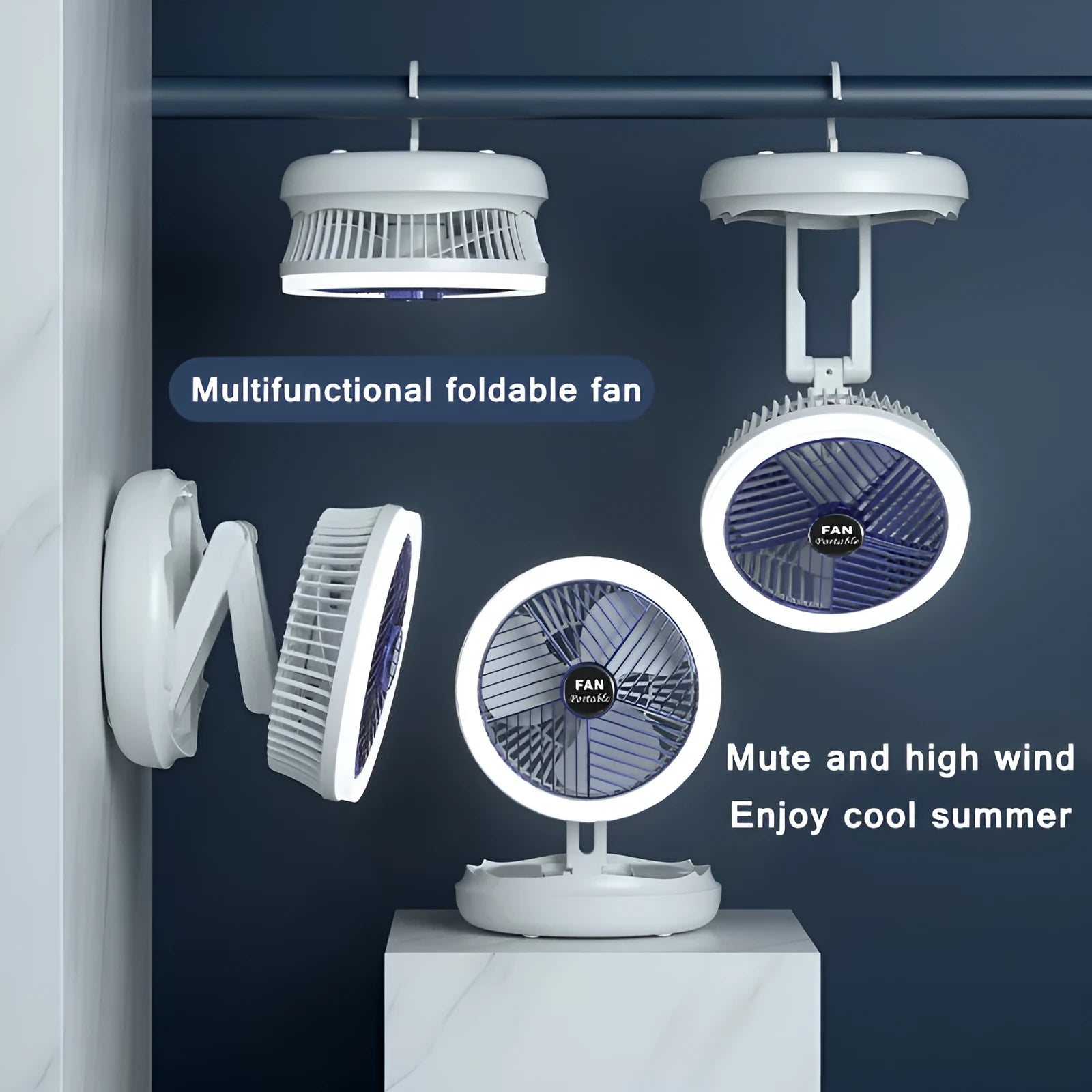 USB charging foldable table fan with LED light, 4 speed settings, in blue or grey, with pen holder
