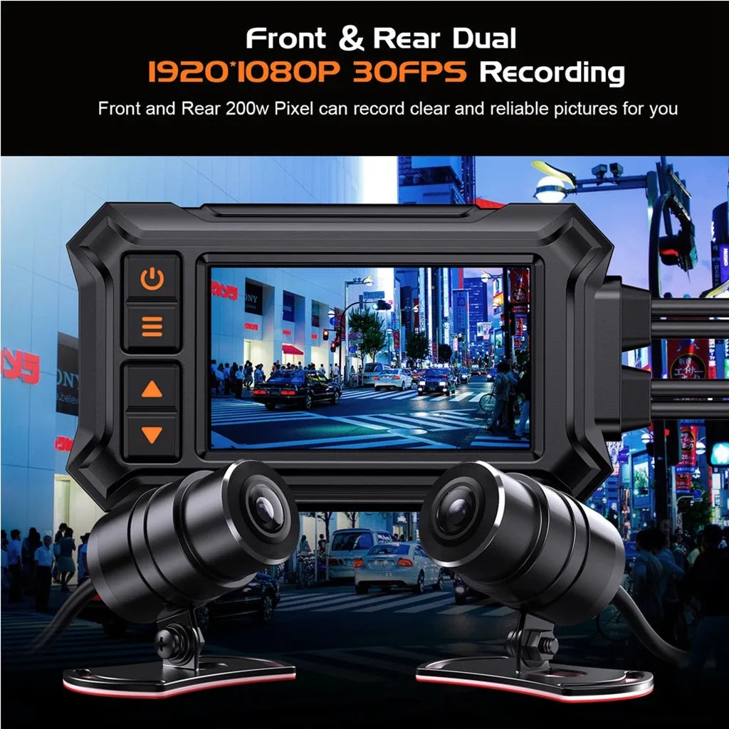 Motorcycle tachograph dash cam with 3 inch screen, dual lenses, GPS module, and handlebar wireless controller on a motorcycle handlebar.