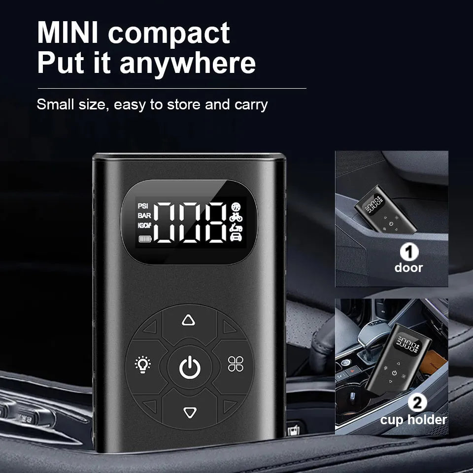 Black aviation aluminium portable tyre inflator with digital display and USB charging port
