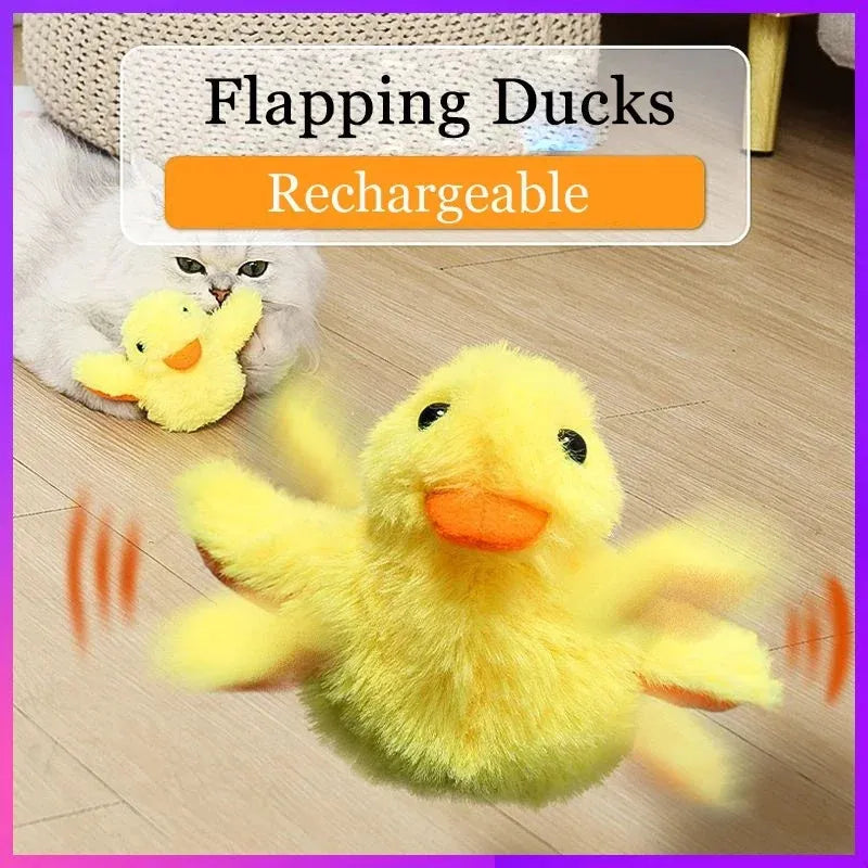 Yellow polyester plush electric duck cat toy with a USB charging cable.