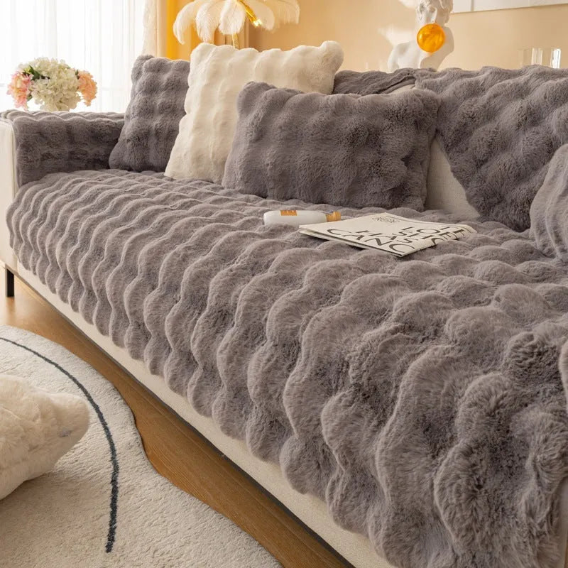 Winter thickened bubble rabbit hair sofa cushion in solid colour on a combination sofa