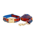 Blue velvet plaid dog collar set with cloth lead and hand holding rope on pet bandana