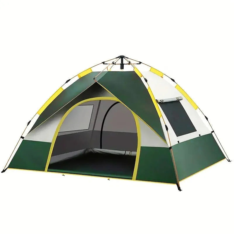 Dark green silver glue automatic quick-open camping tent for 3-4 people, fully pitched showing door and window.