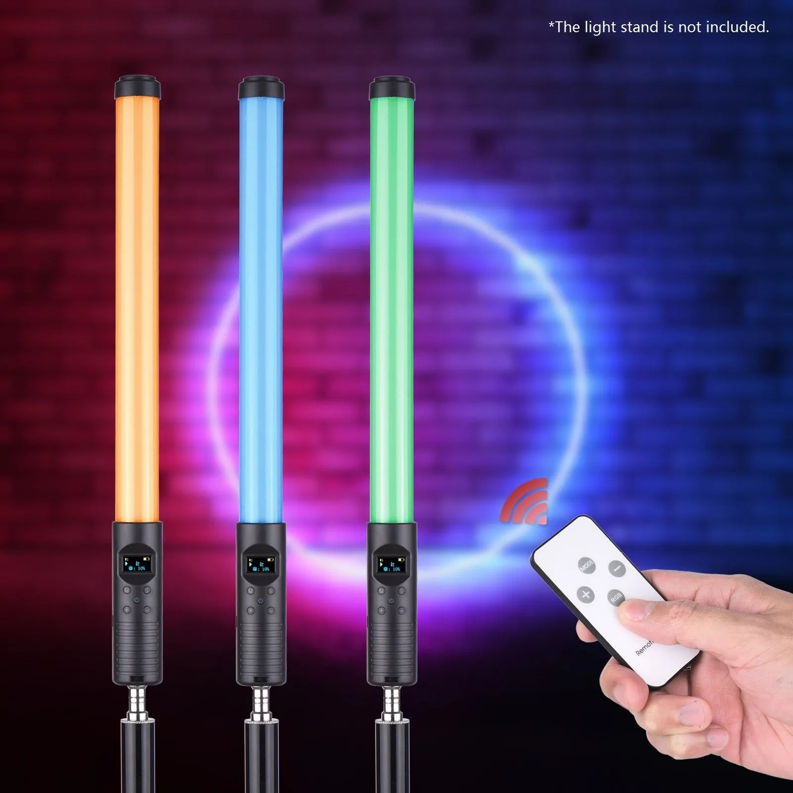 Dual colour temperature handheld LED photography light stick with 114 lamp beads, 200 lm, RGB modes, and 1/4 inch screw mount in use