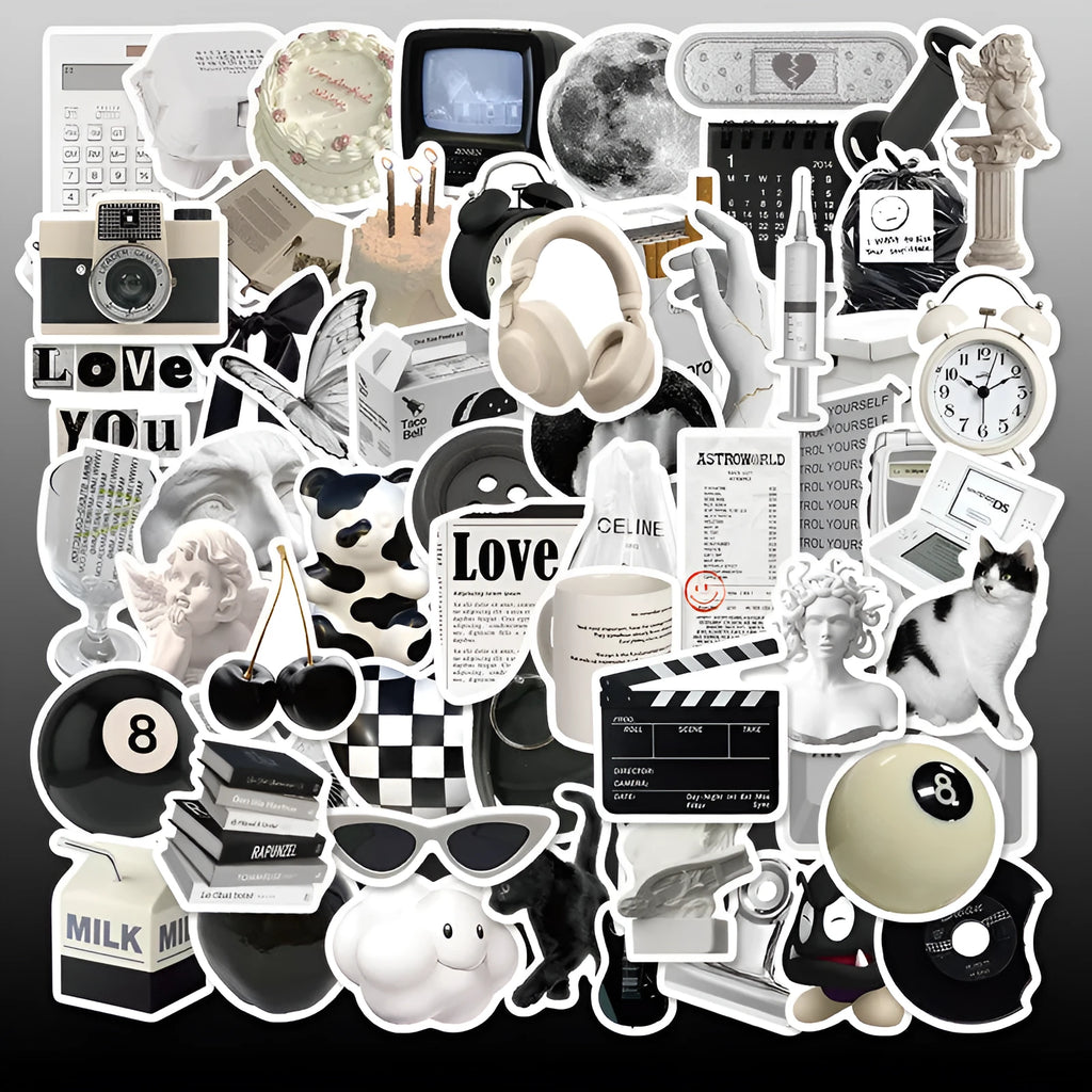 A pack of 61 black and white simple design waterproof PVC stickers for laptops and personal items.