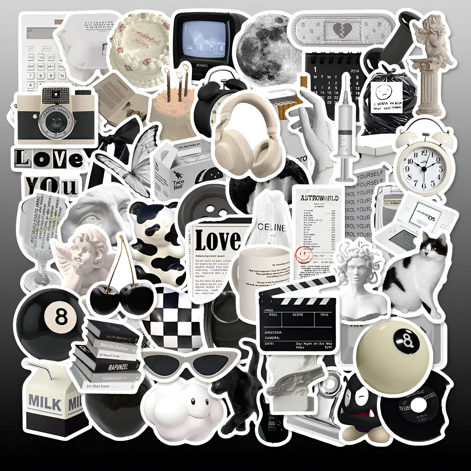 A pack of 61 black and white simple design waterproof PVC stickers for laptops and personal items.