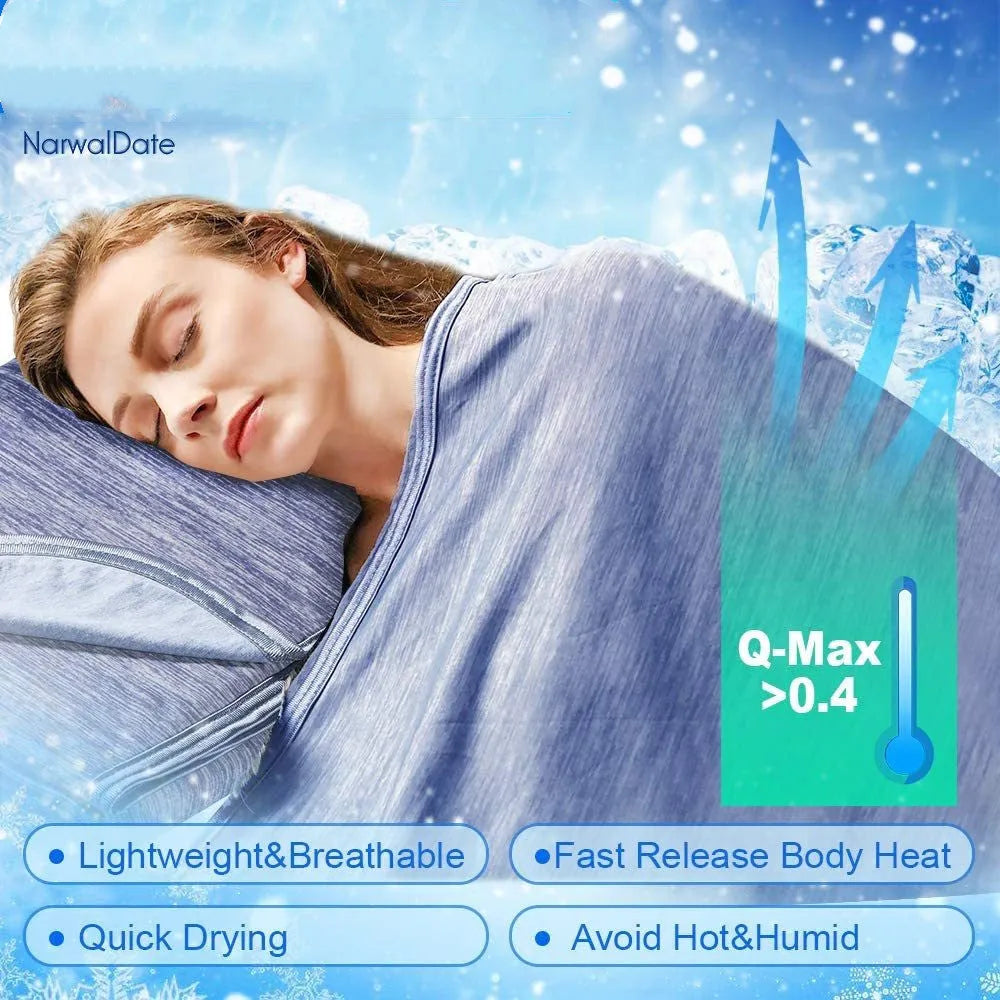 Blue cooling blanket with Japanese Q-Max 0.4 fibres, double-face construction, summer throw