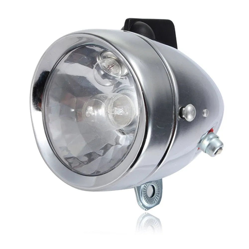 Silver bicycle generator light modification kit with dynamo and wiring for headlight and tail light connections
