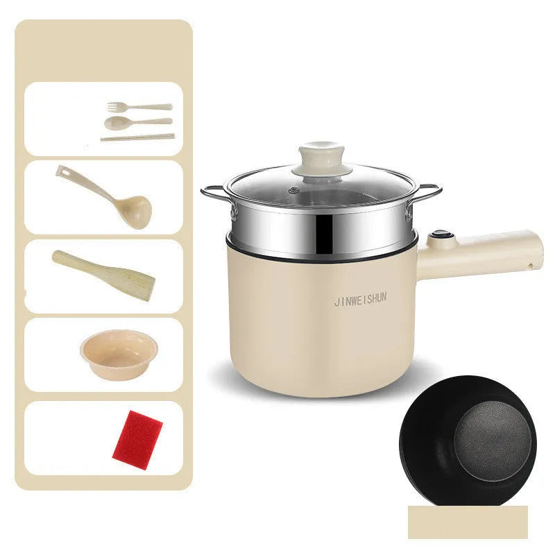 Mini hot pot electric cooker with stainless steel body, non-stick pot, available in green, compact size 12.7x17x15 cm