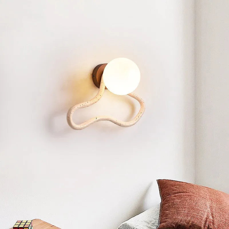 Middle ancient cream style bedroom bedside wall lamp with white travertine glass lampshade and solid wood base, 30cm length