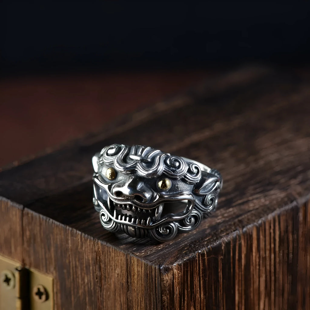 Personalised silver open ring with detailed Chinese zodiac jibeast Goat pattern.
