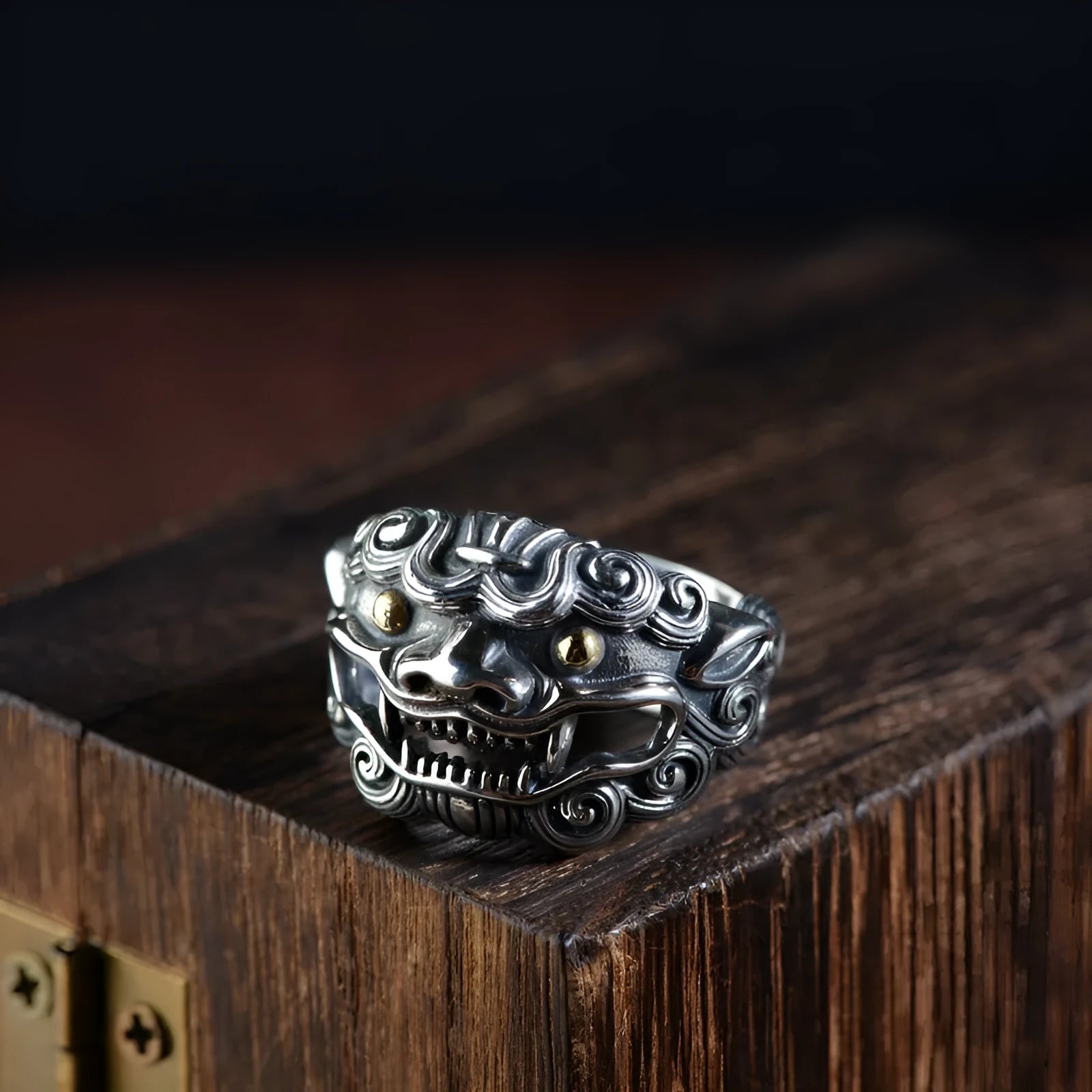 Personalised silver open ring with detailed Chinese zodiac jibeast Goat pattern.