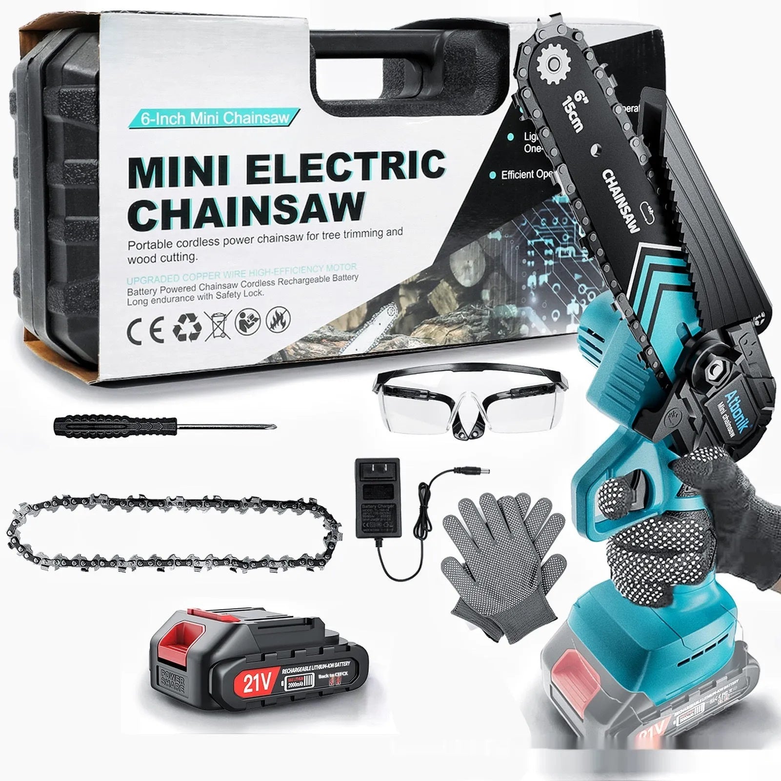 Household small handheld wireless rechargeable lithium electric saw with 6-inch chain and two batteries in storage box