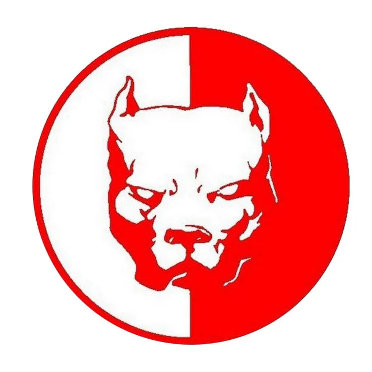 12x12cm reflective car sticker featuring a black, white, and red bulldog superhero dog R design.