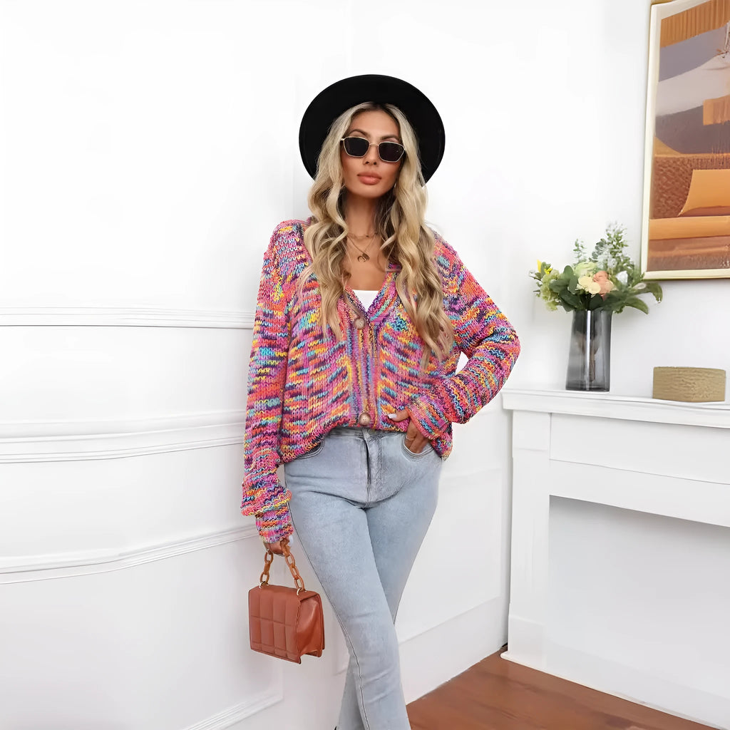 Rainbow mixed colour festival dyed short cardigan knitted coat in rose red on model