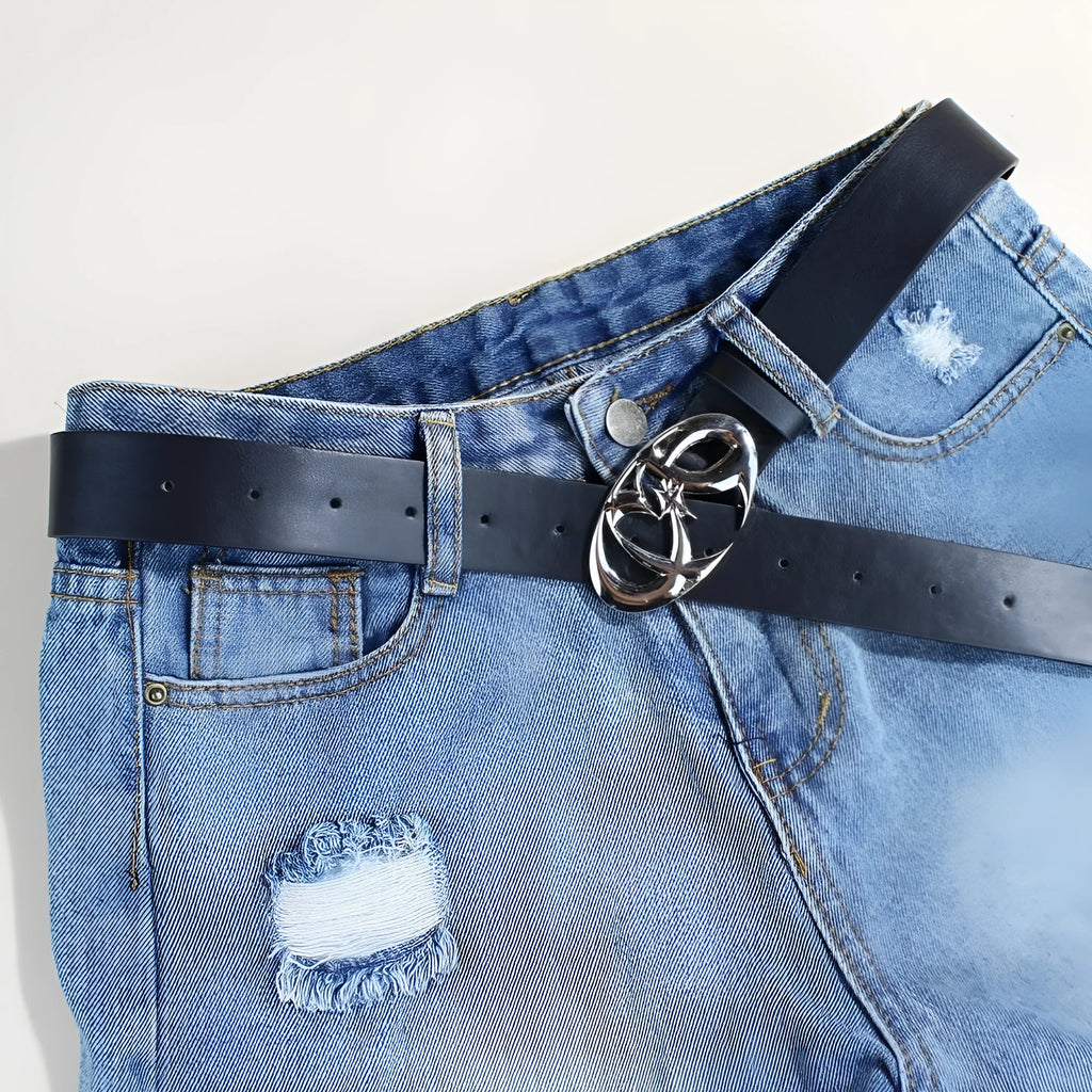 Casual snap button belt in PU leather with alloy buckle, showing 105cm length and 3.3cm width