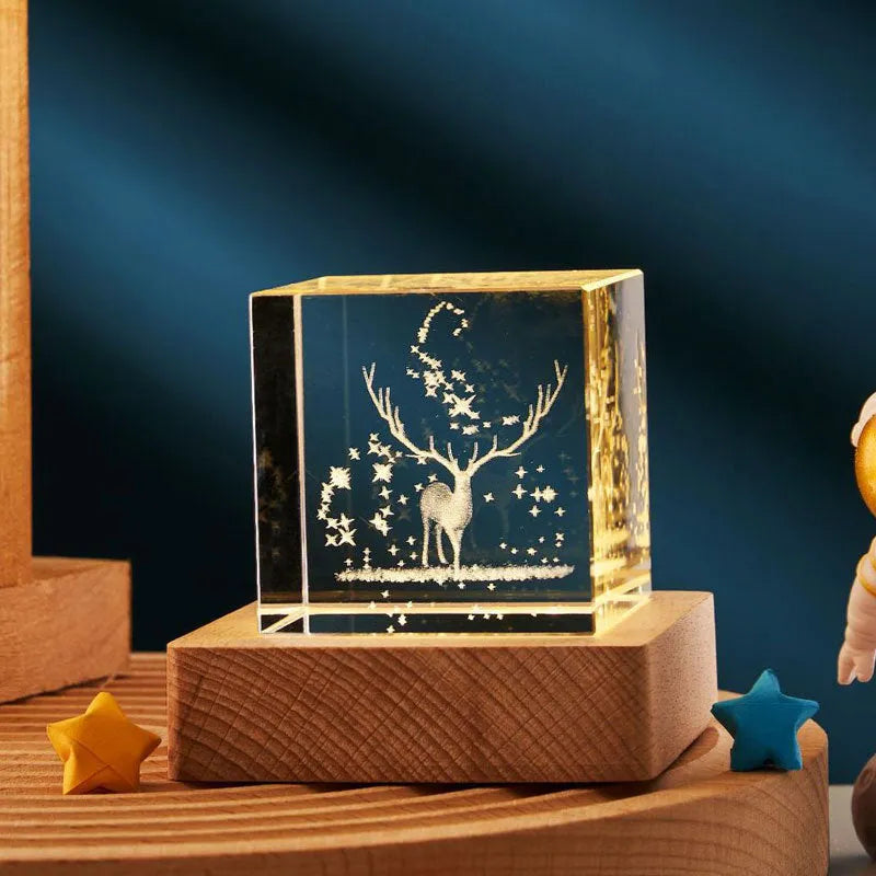3D transparent crystal cube night lamp with warm light glowing, glass lampshade, 40mm size