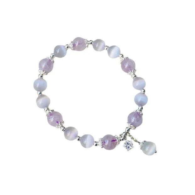 Cute handcrafted crystal bracelet in opal amethyst colour with moon-shaped pendant over 20mm size