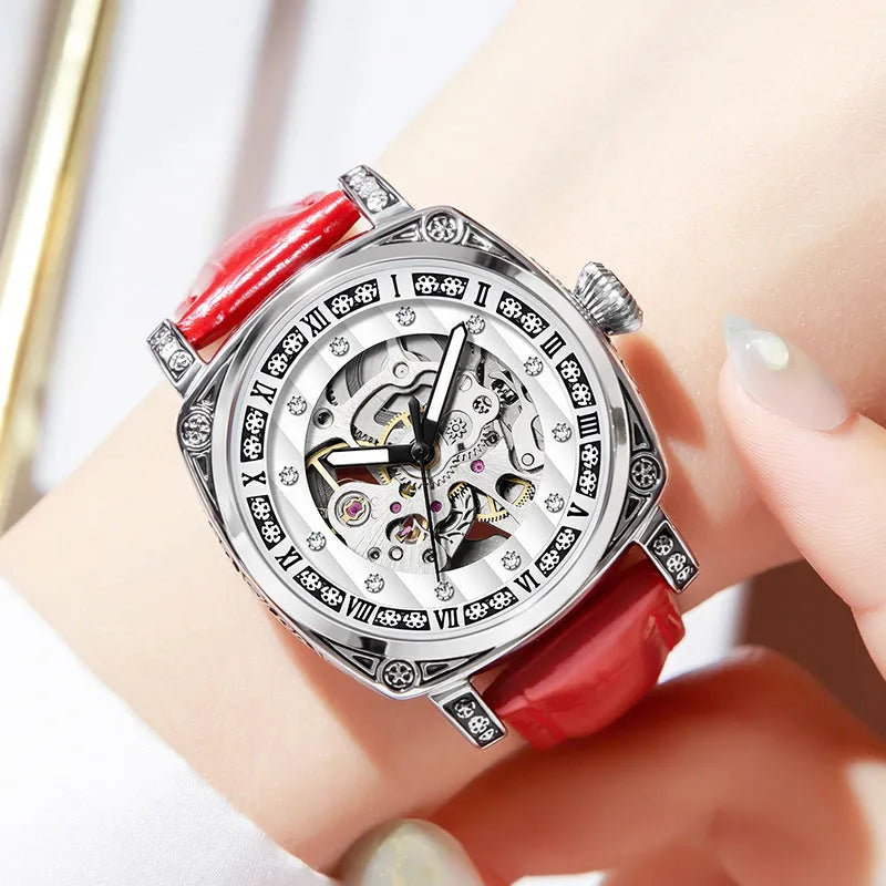 Men's mechanical watch with leather strap luminous hands waterproof 10 metre in black red steel strip or white