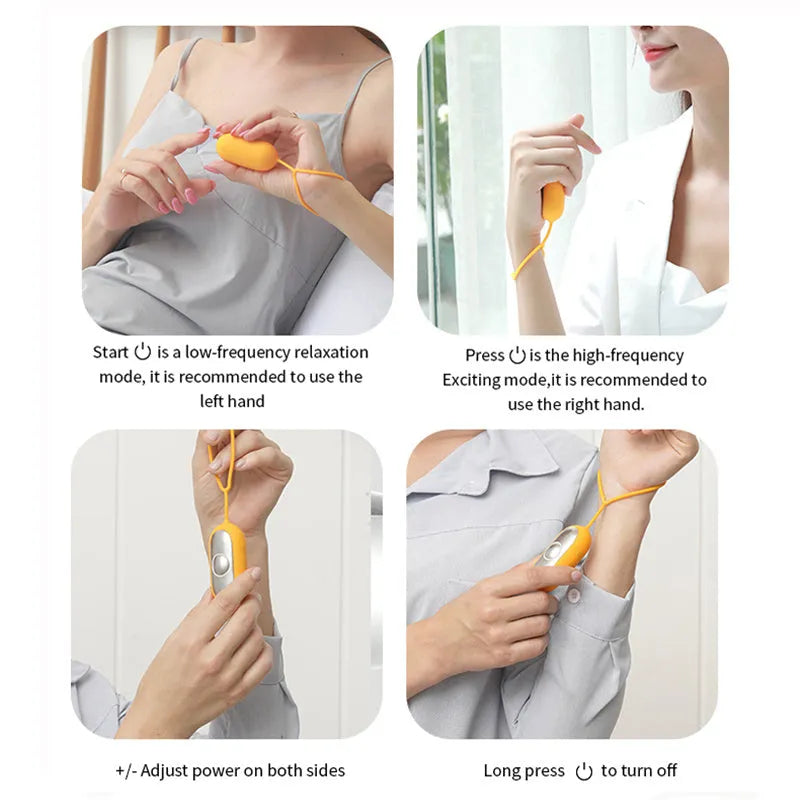 Hand-held micro-current sleep aid device with round button and stainless steel electrodes in grey colour