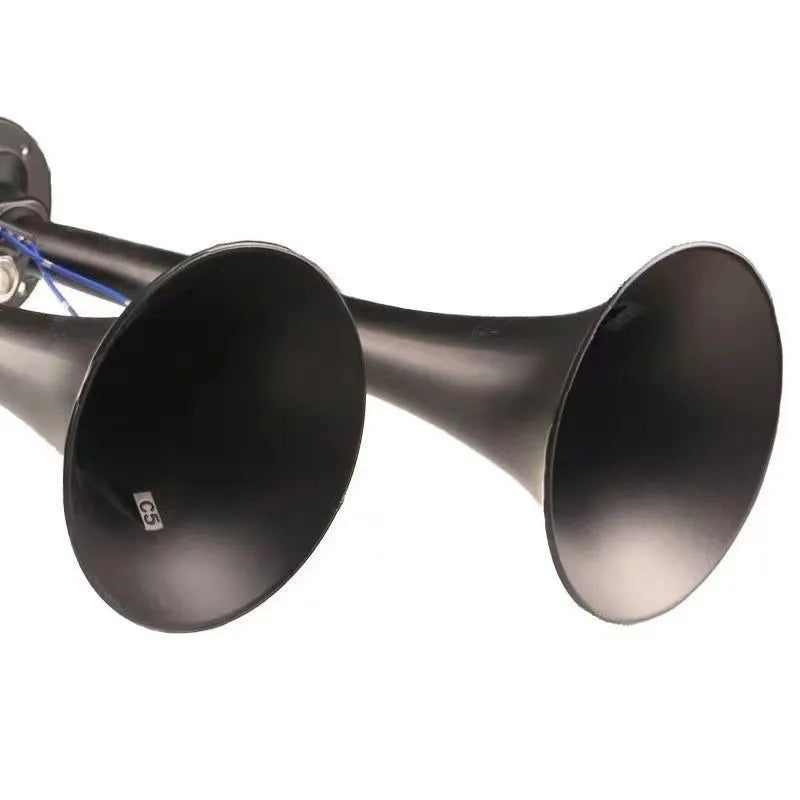 Black 300DB dual trumpet super loud air horn kit for 12V and 24V vehicles