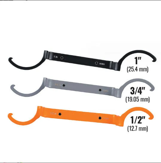 H251 three-piece wrench set showing orange crescent, grey magnetic and black catheter wrenches with size comparison