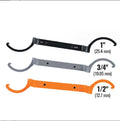 H251 three-piece wrench set showing orange crescent, grey magnetic and black catheter wrenches with size comparison