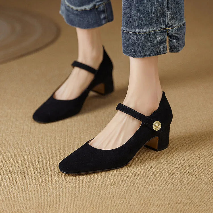 Women's Mary Jane chunky heel pumps in black suede with square toe and shallow mouth on a white background