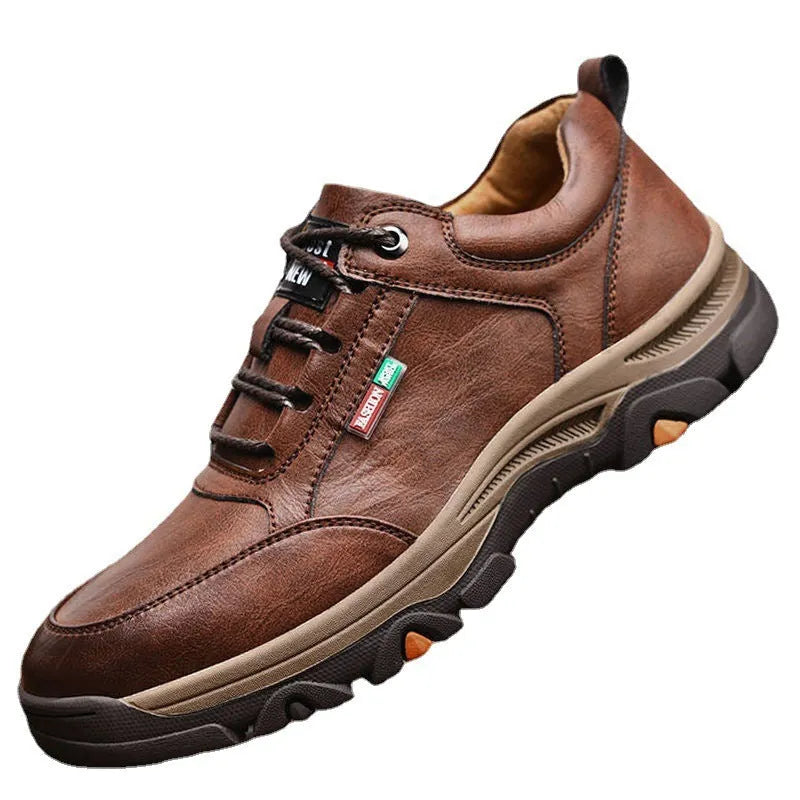 Men's British style round toe leather shoes with front lace-up and rubber sole, available in black and brown