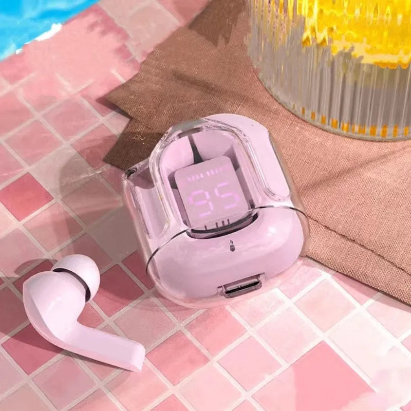 Space Capsule transparent case Bluetooth headset with digital display screen in multiple colour options