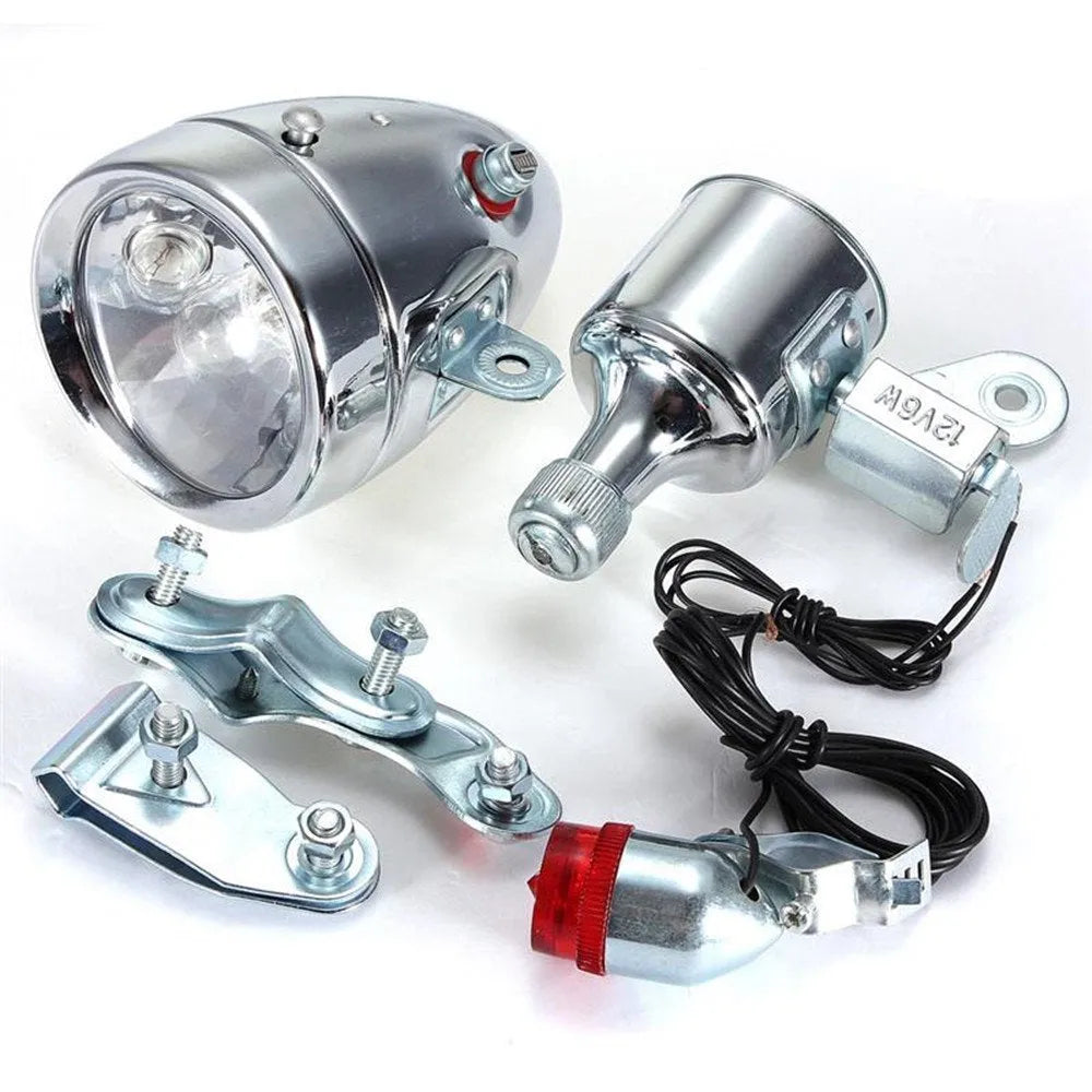 Silver bicycle generator light modification kit with dynamo and wiring for headlight and tail light connections