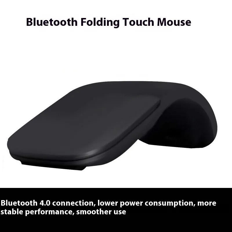 Folding wireless touch mouse shown in black colour with Bluetooth connectivity