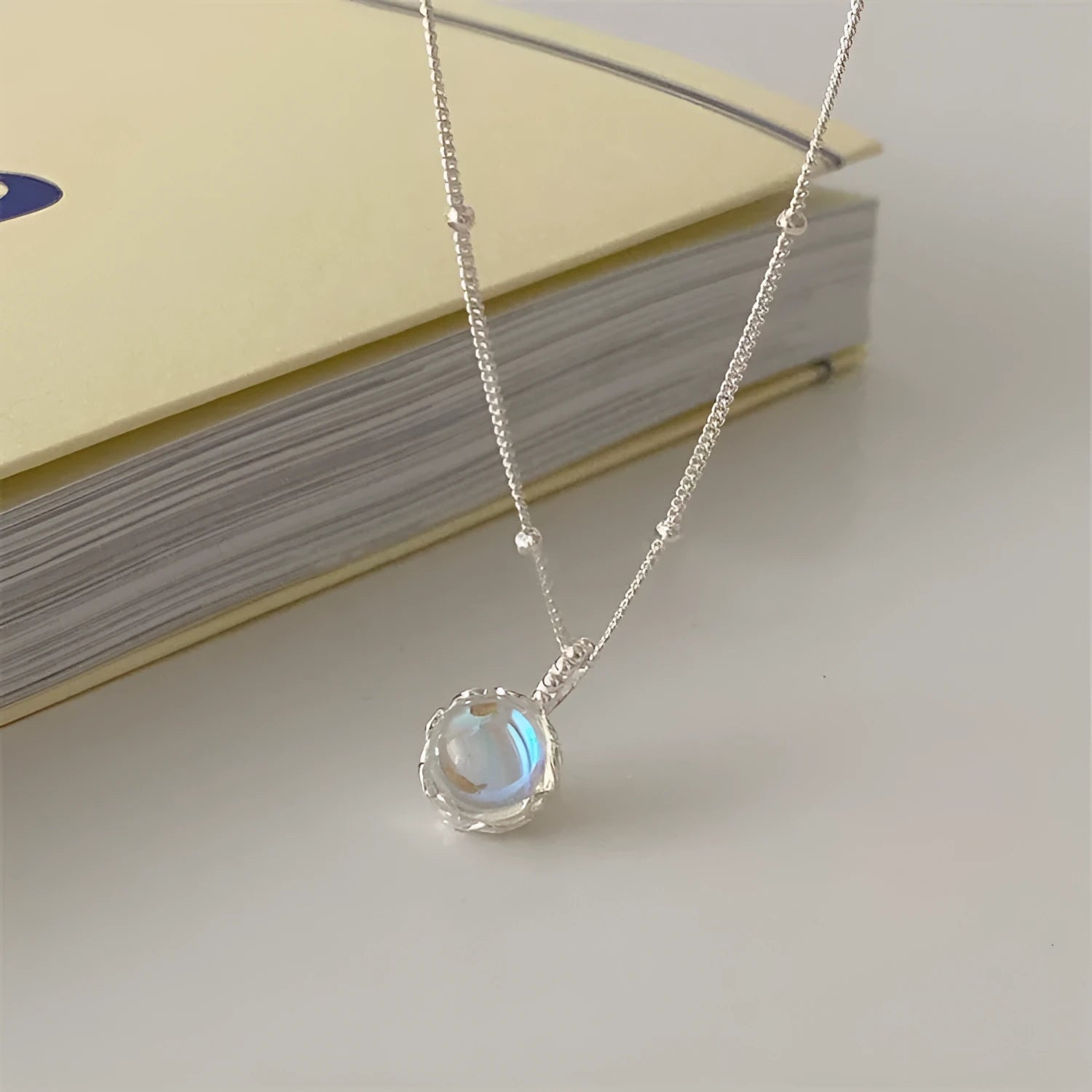 925 silver adjustable necklace with geometric round ornament stone pendant on curb chain