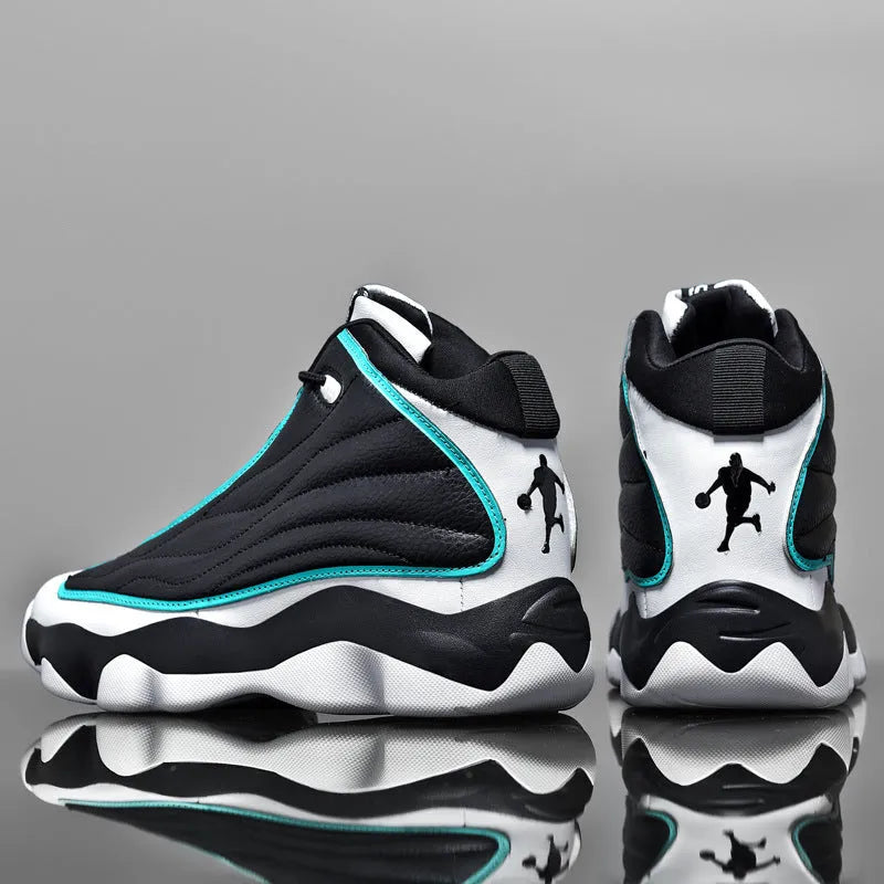 Men's high-top basketball shoes with thick rubber sole and mesh upper in AJ13 colour options