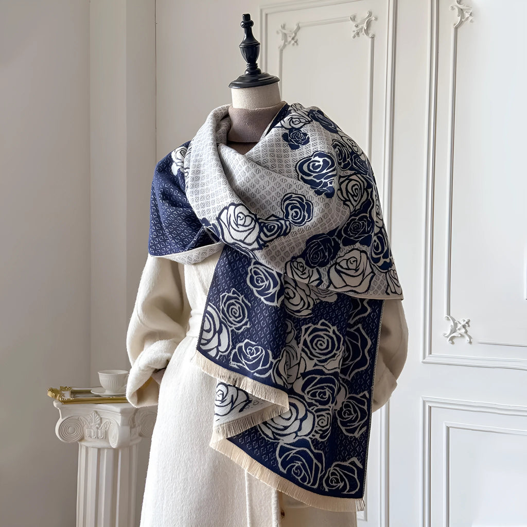 Thick imitation cashmere scarf with tassel trim, 185x65cm, in grey, black, blue, and khaki colours