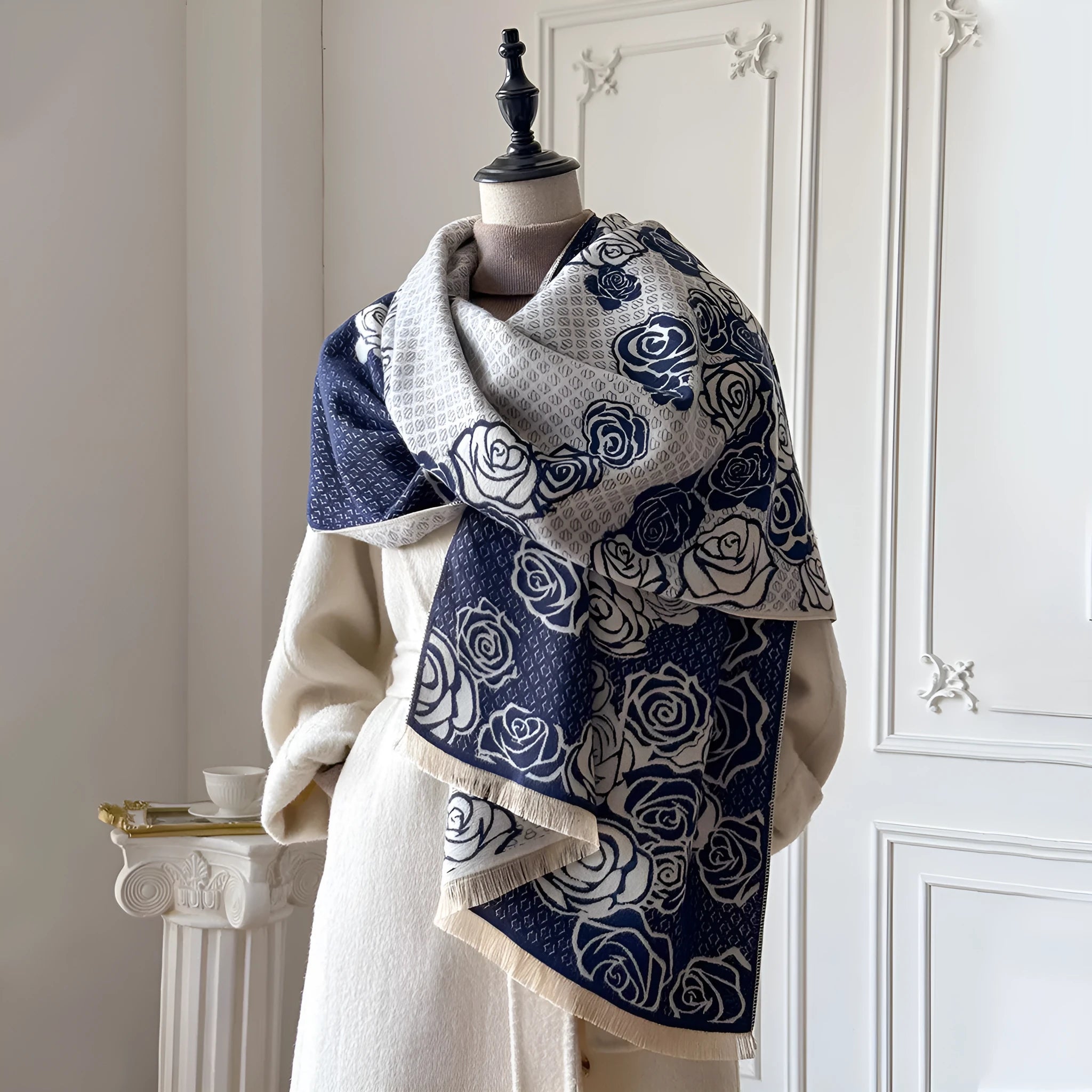 Thick imitation cashmere scarf with tassel trim, 185x65cm, in grey, black, blue, and khaki colours