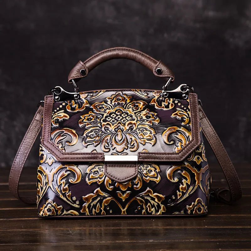 Women's retro shoulder messenger bag made of genuine cowhide leather with embossed flowers, flap closure, horizontal shape, apricot colour