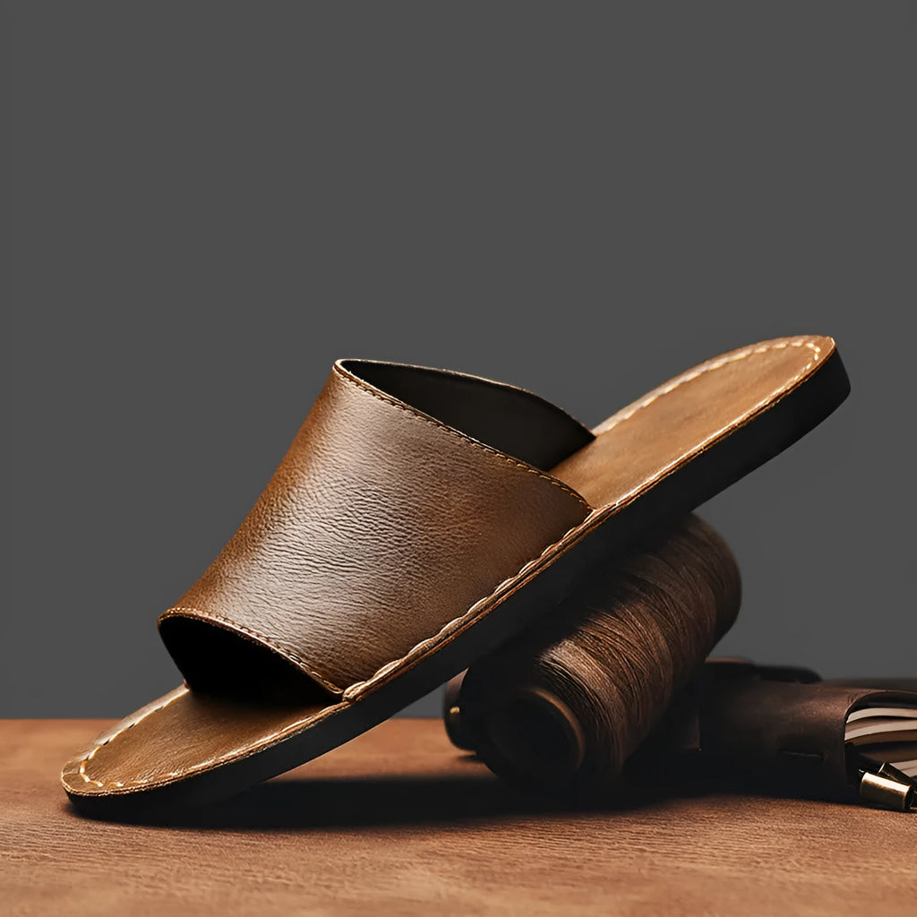 Men's brown and black leather outdoor sandals with rubber soles