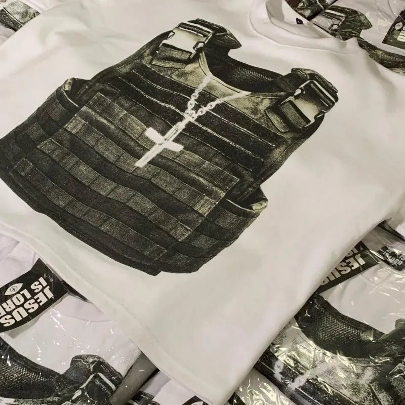 Printed retro style cotton short sleeve t-shirt with drop-shoulder sleeves on a solid background.