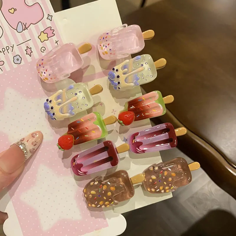 Cartoon ice cream resin barrette side clip for women in beige colour with ice candy design