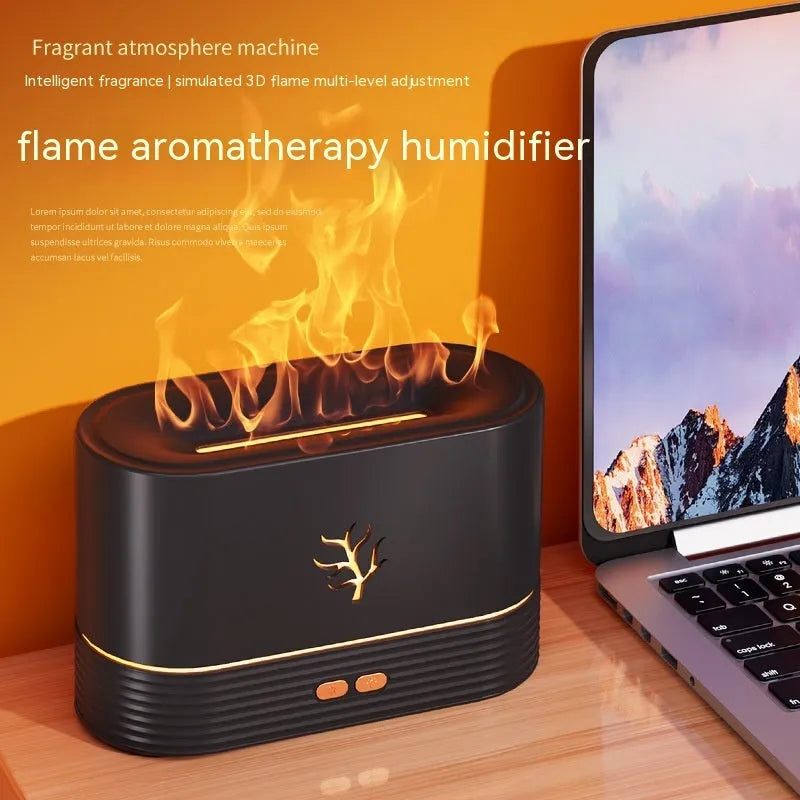 USB flame humidifier with realistic LED fire effect and timing in white colour on a desk