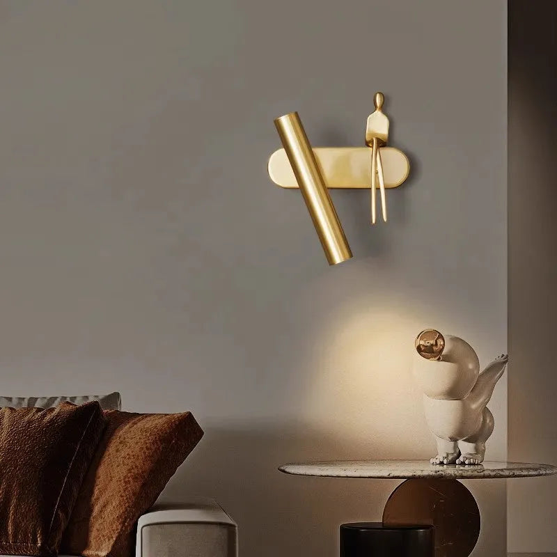 All-copper bedroom bedside wall lamp modern minimalist with copper finish, left mount