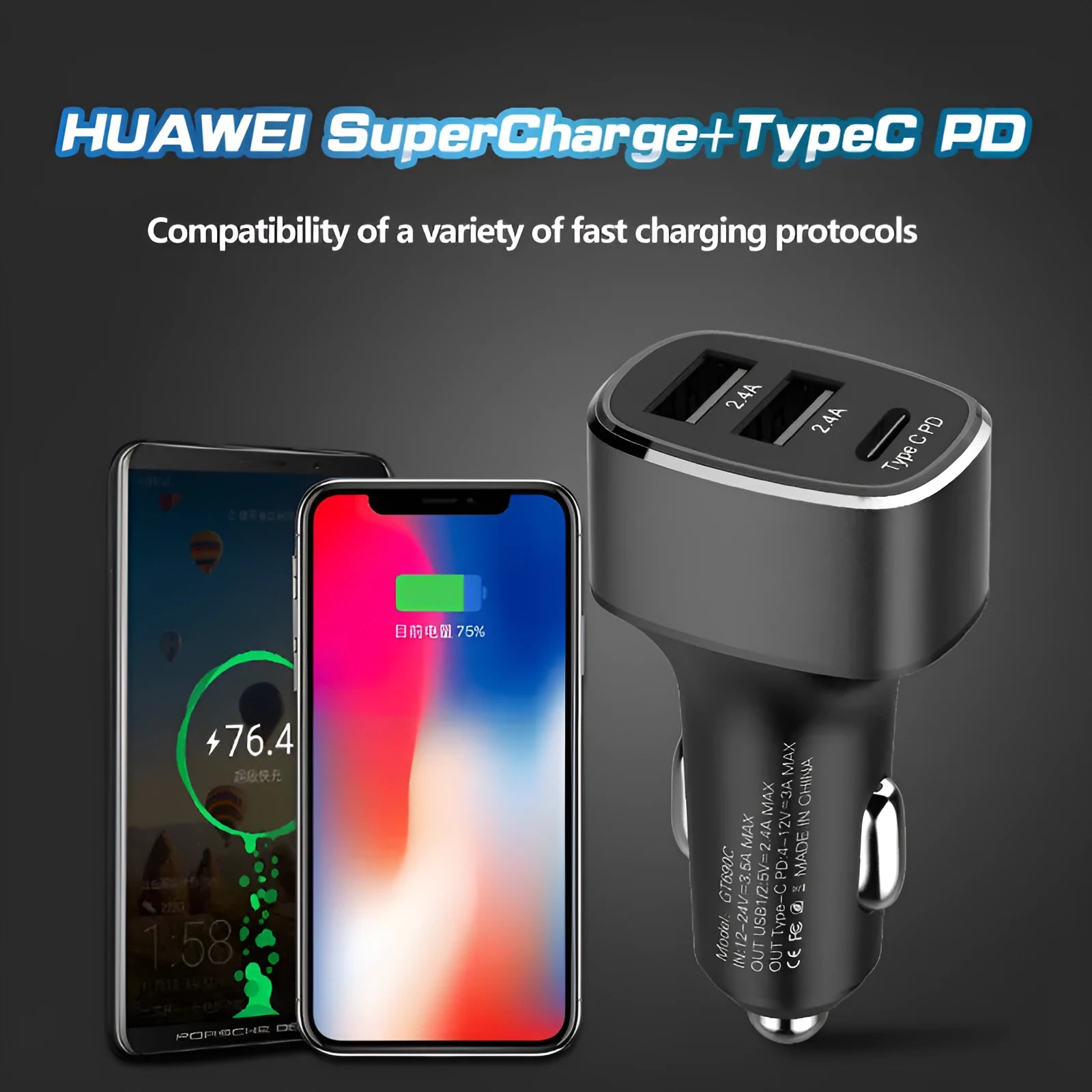 Car charger dual USB TYPE C PD QC 3.0 2.0 fast charger metal flame retardant PC 6000mA 12-24V