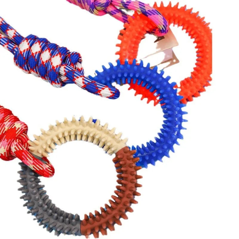 Blue braided rope dog chew toy with knots, measuring 43cm long