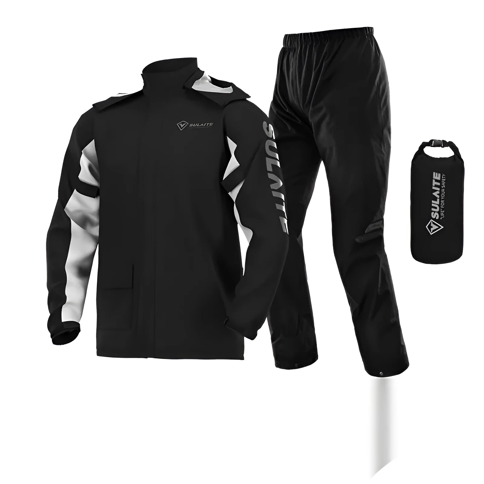 Adult motorcycle rider wearing a black split-style rain suit with separate jacket and trousers.