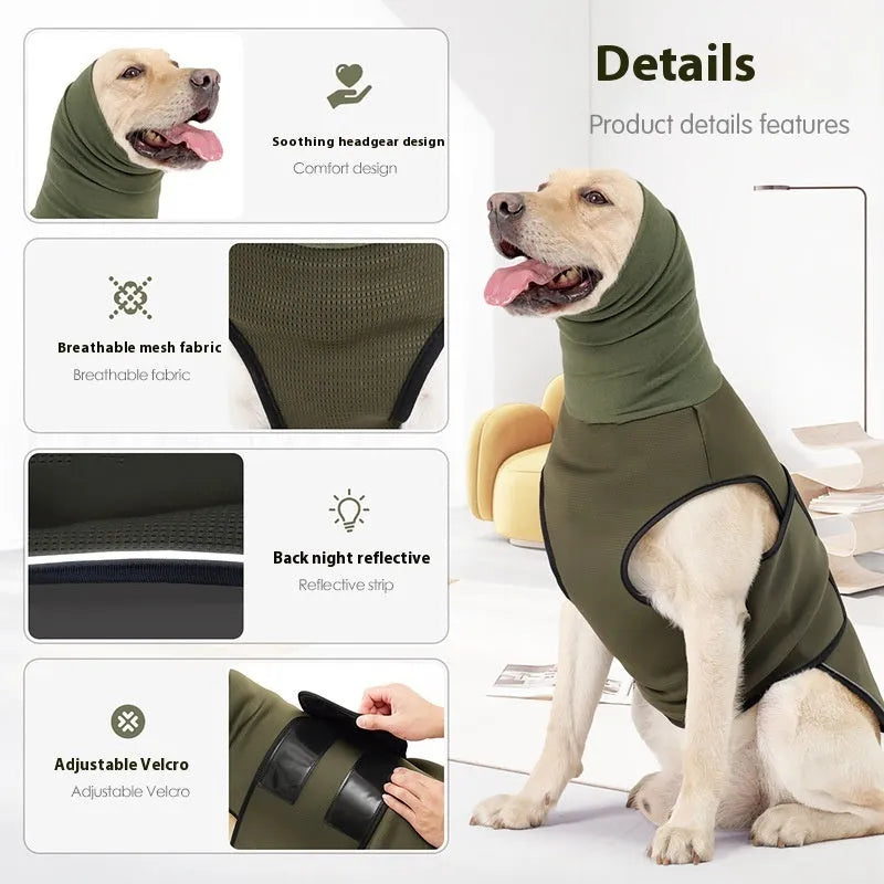 Army green dog anxiety jacket on a medium-sized dog, showing snug fit and vest design.