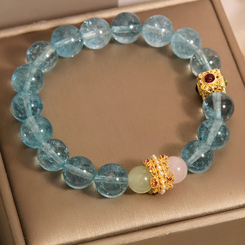 Natural crystal bracelet for women with blue cube sugar and colourful stone beads on flexible ring