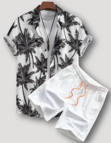 Men's beach style short sleeve shirt and shorts suit in polyester, available in multiple colours