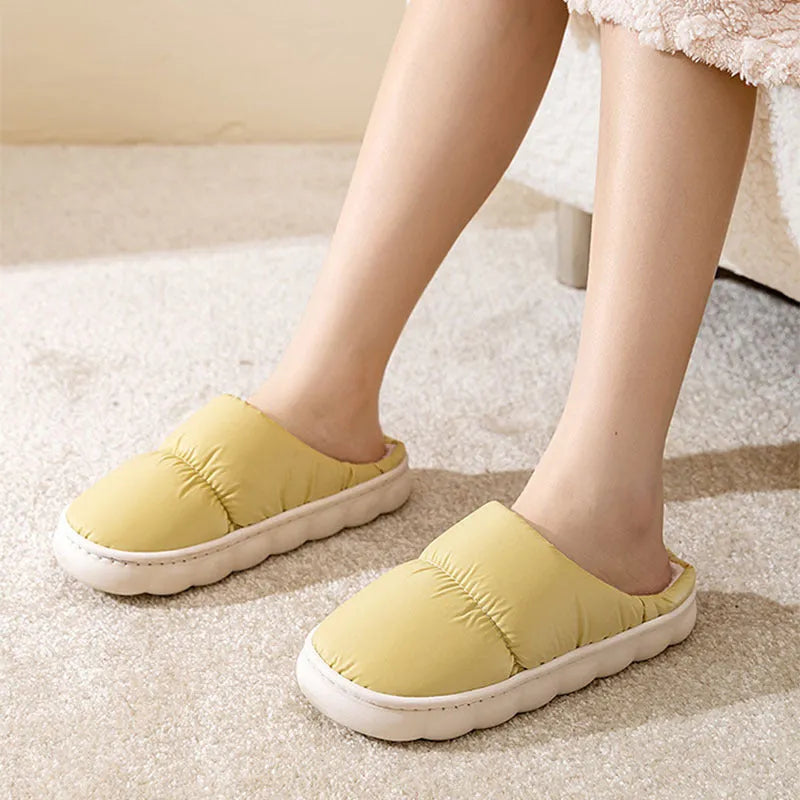 Artificial leather winter house slippers with thick rubber anti-slip soles and plush lining in blue colour