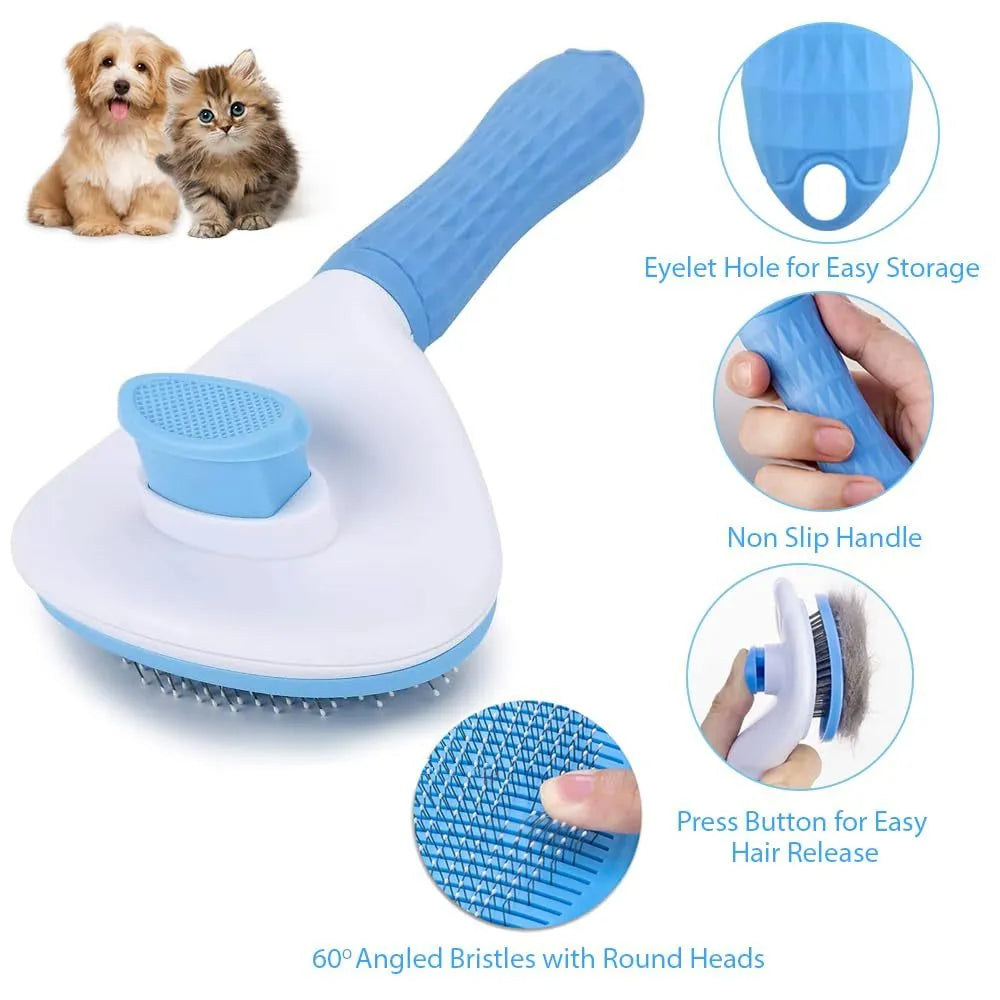 Cat grooming brush with a release button, shown in blue, grey, and pink colour options.